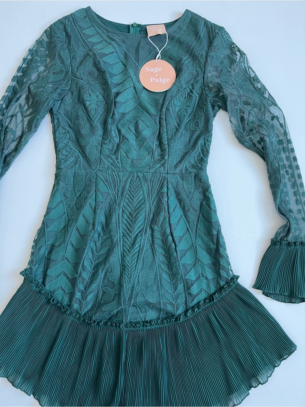 NWT Sage + Paije Forest Green Lace Long Sleeve mini Dress - Picture 4 of 11
